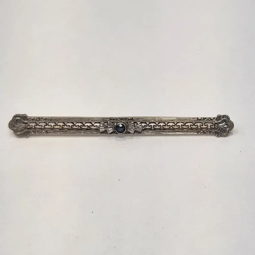 Art Deco Antique 10k White Gold Filigree Bar Pin Brooch Blue Sapphire Edwardian